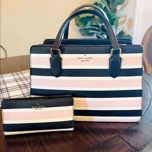 kate spade pink & black striped bag with wallet